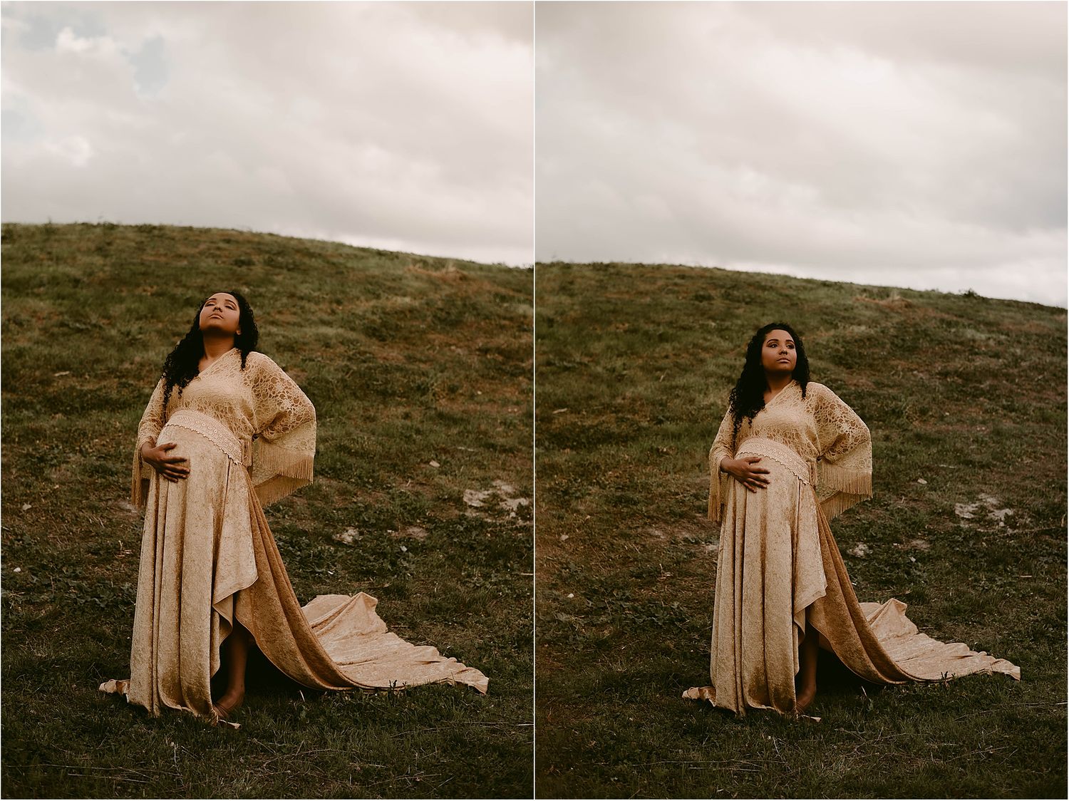 Side-by-side maternity portraits on rolling hill showing full length champagne gown.