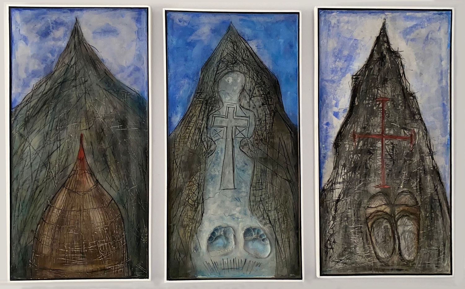 'Refuge - Devote - Exist' mixed media, triptych painting on canvas.