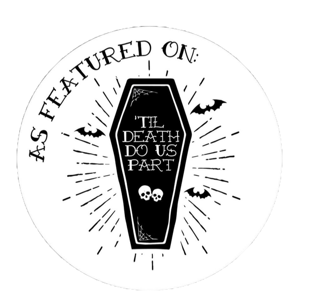 Gothic wedding logo designs featuring coffins and bats in black and white.