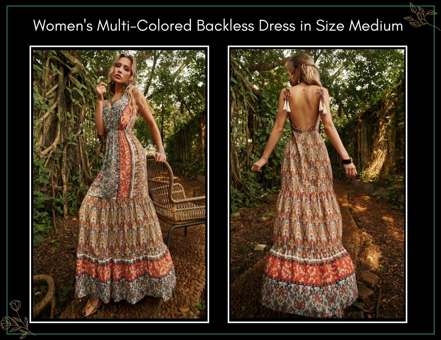 Women's multi-colored boho backless maxi dress size medium, featuring floral print in front and back views.