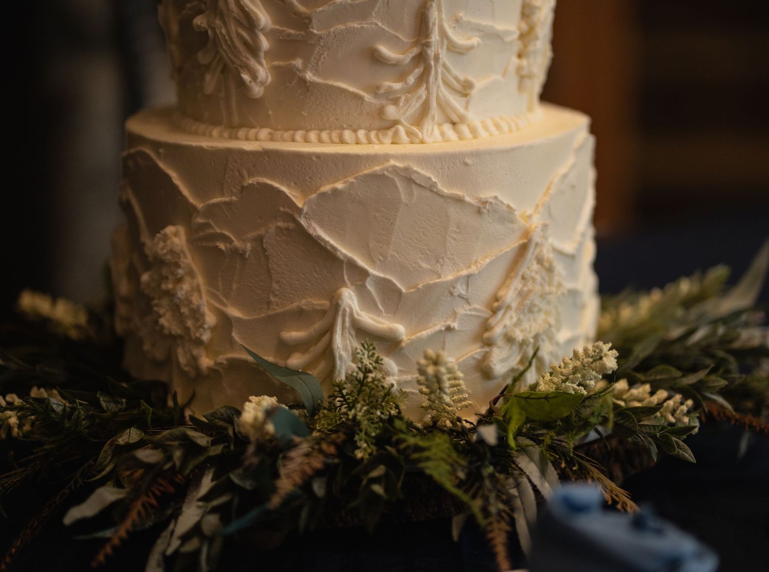 Close-up of textured white wedding cake decorated with greenery and ferns.