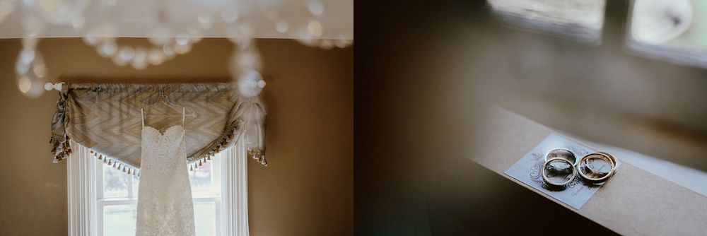 Wedding rings photographed next to an elegant white window treatment.