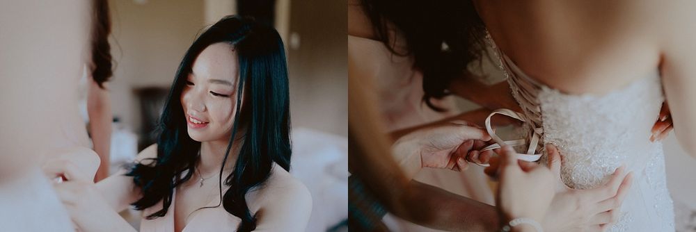 Getting ready moments captured in soft window light during wedding preparations.