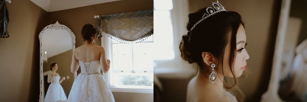Details of wedding preparations with elegant mirror and tiara in soft lighting.