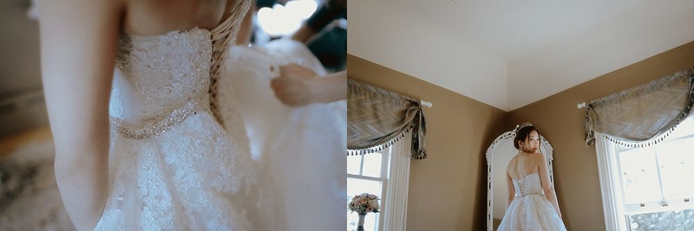 Close up details of a white lace wedding dress and bridal preparations in a sunlit room.