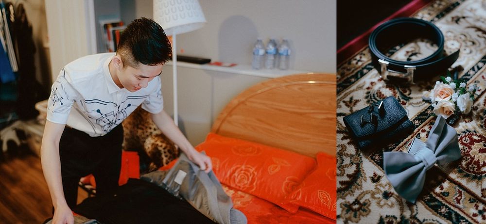 Wedding day preparation moments captured in a split image composition.