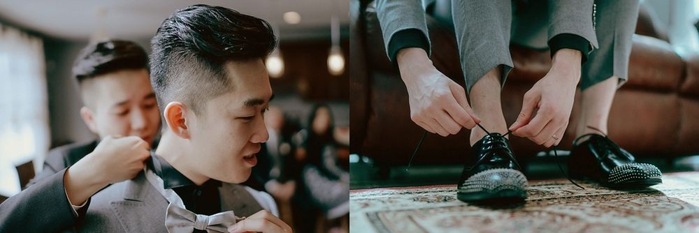 Wedding preparation details showing formal shoe and clothing adjustments.