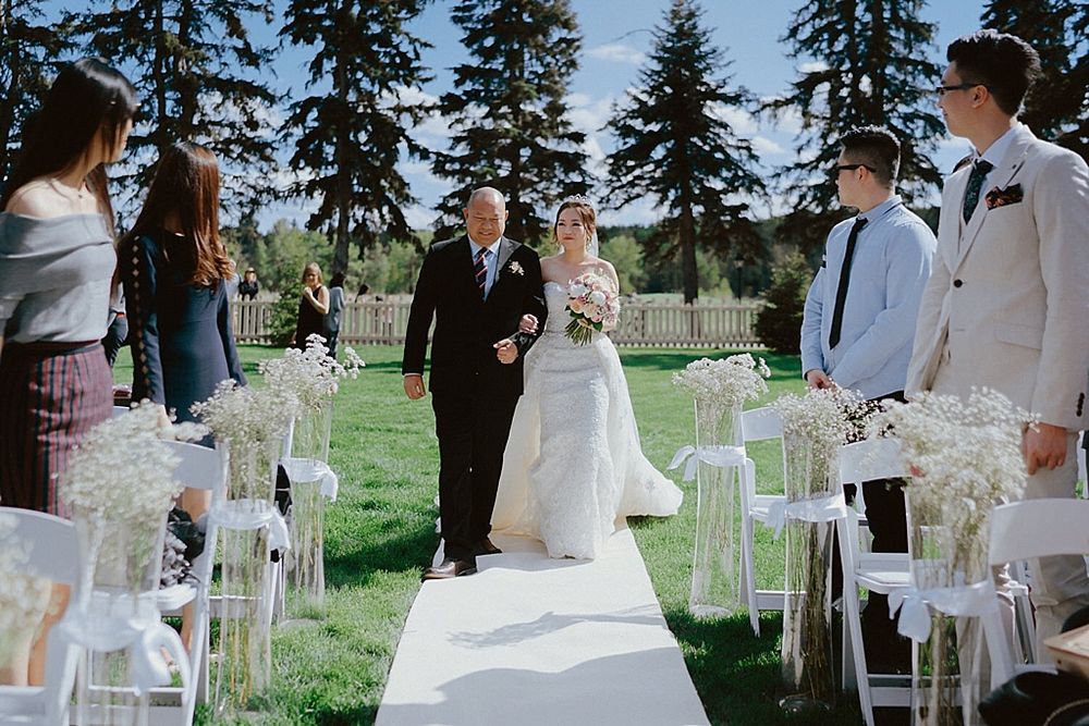 Outdoor wedding ceremony setup with white chairs and tall evergreen trees in the background.