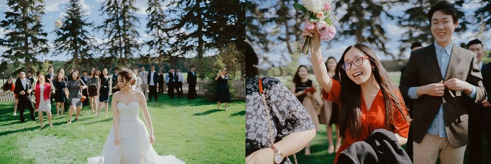 Candid moments from an outdoor wedding celebration with evergreen trees in background.