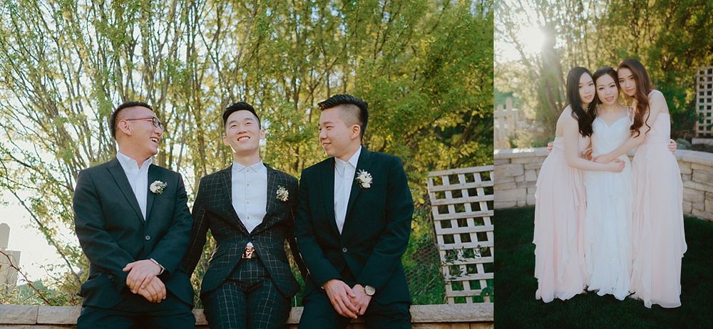 Wedding party members gathered outdoors for formal portraits among trees.
