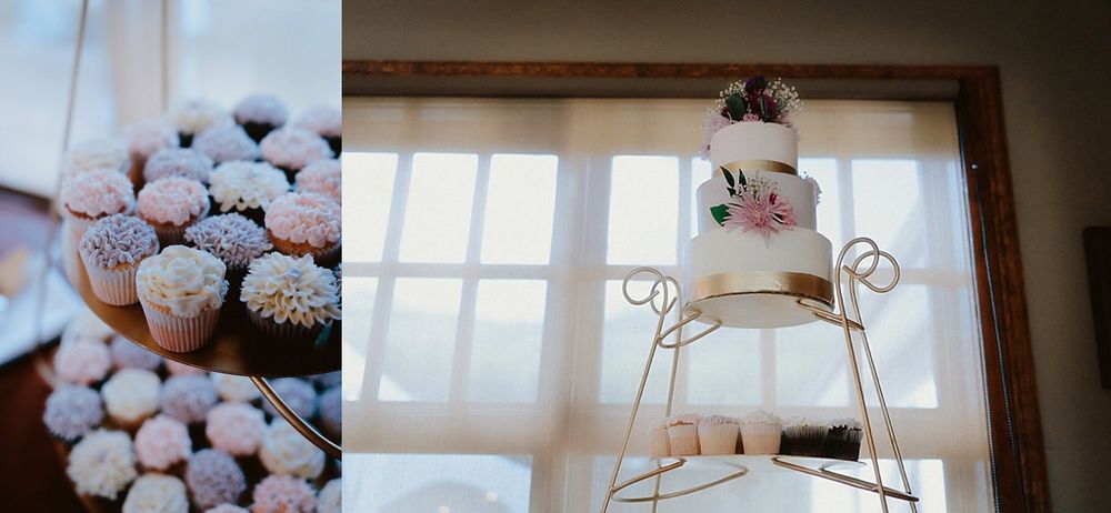 A pink and white wedding cake displayed on an elegant metal stand next to another cake photo showing chocolate truffles.
