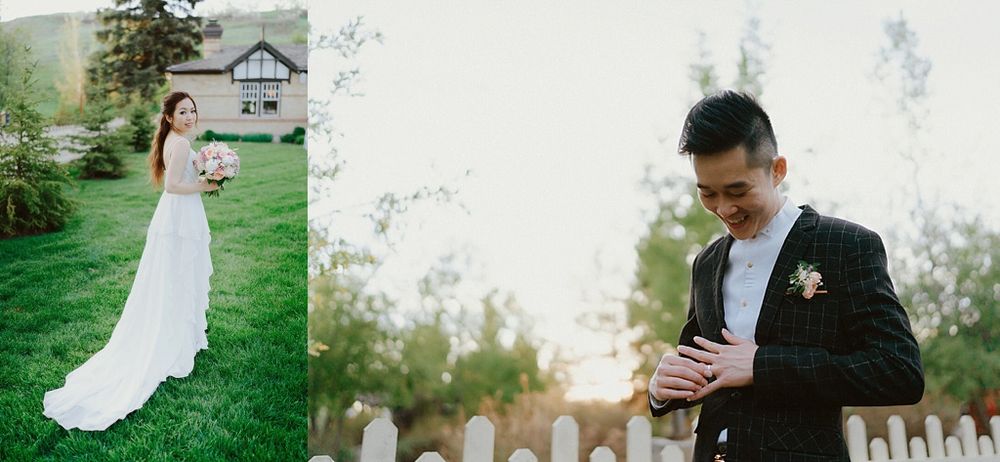 Wedding portraits against a white picket fence with green landscaping and natural sunlight.