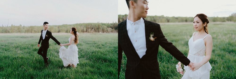 Candid moments between newlyweds walking through a grassy field at dusk.