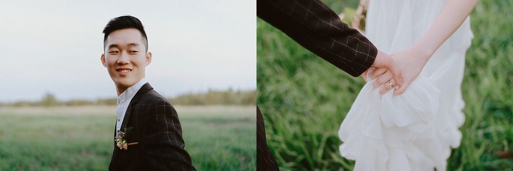 Romantic wedding portraits captured in a serene natural setting with tall grass and trees.