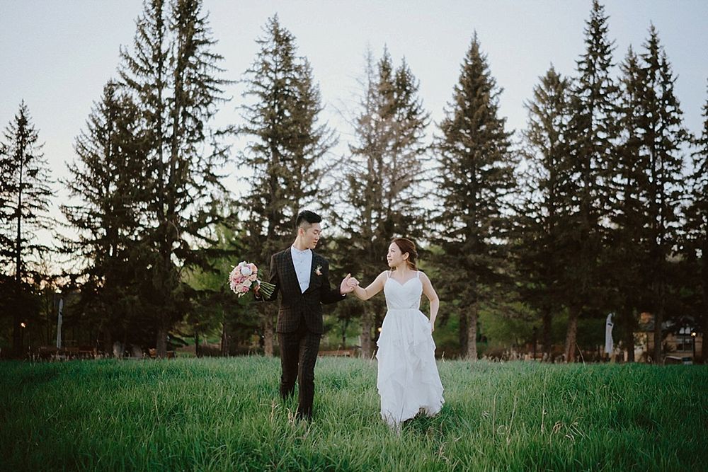 Wedding couple poses among towering evergreen trees in a scenic outdoor setting.