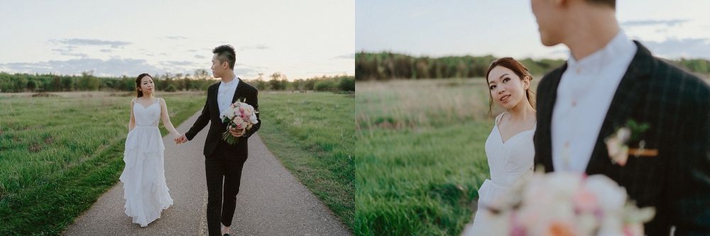 Romantic wedding photo series showing couple walking through rural landscape at sunset.