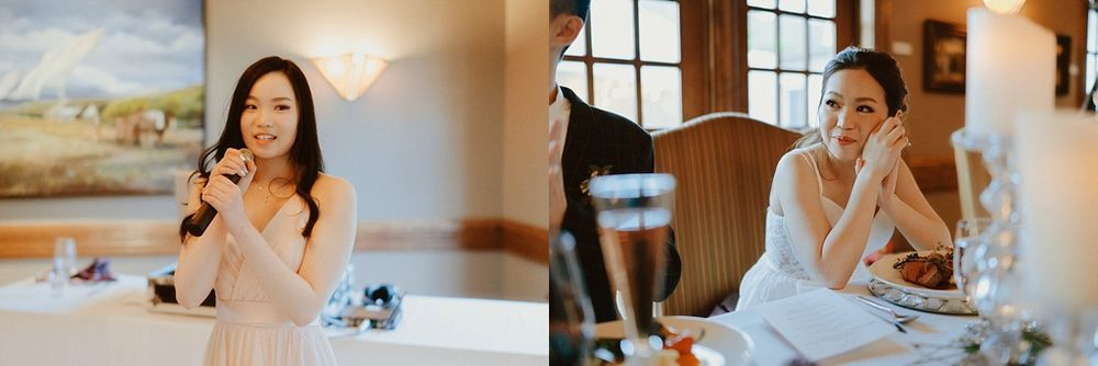 Two people share emotional moments before a wedding reception with warm lighting and elegant decor.