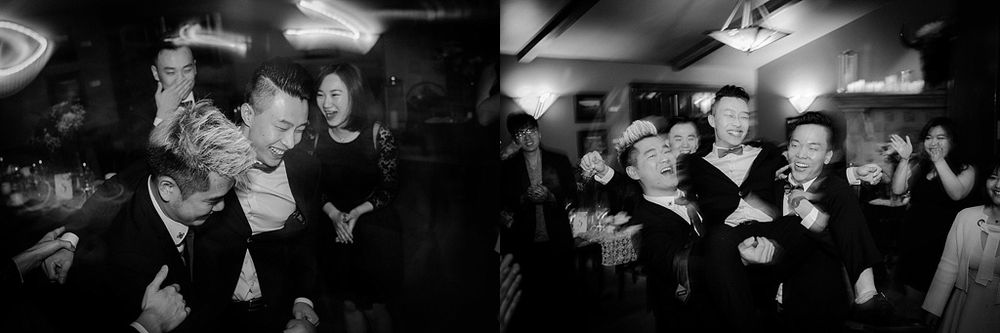 Motion-blurred black and white photo capturing the energy of a dance party.