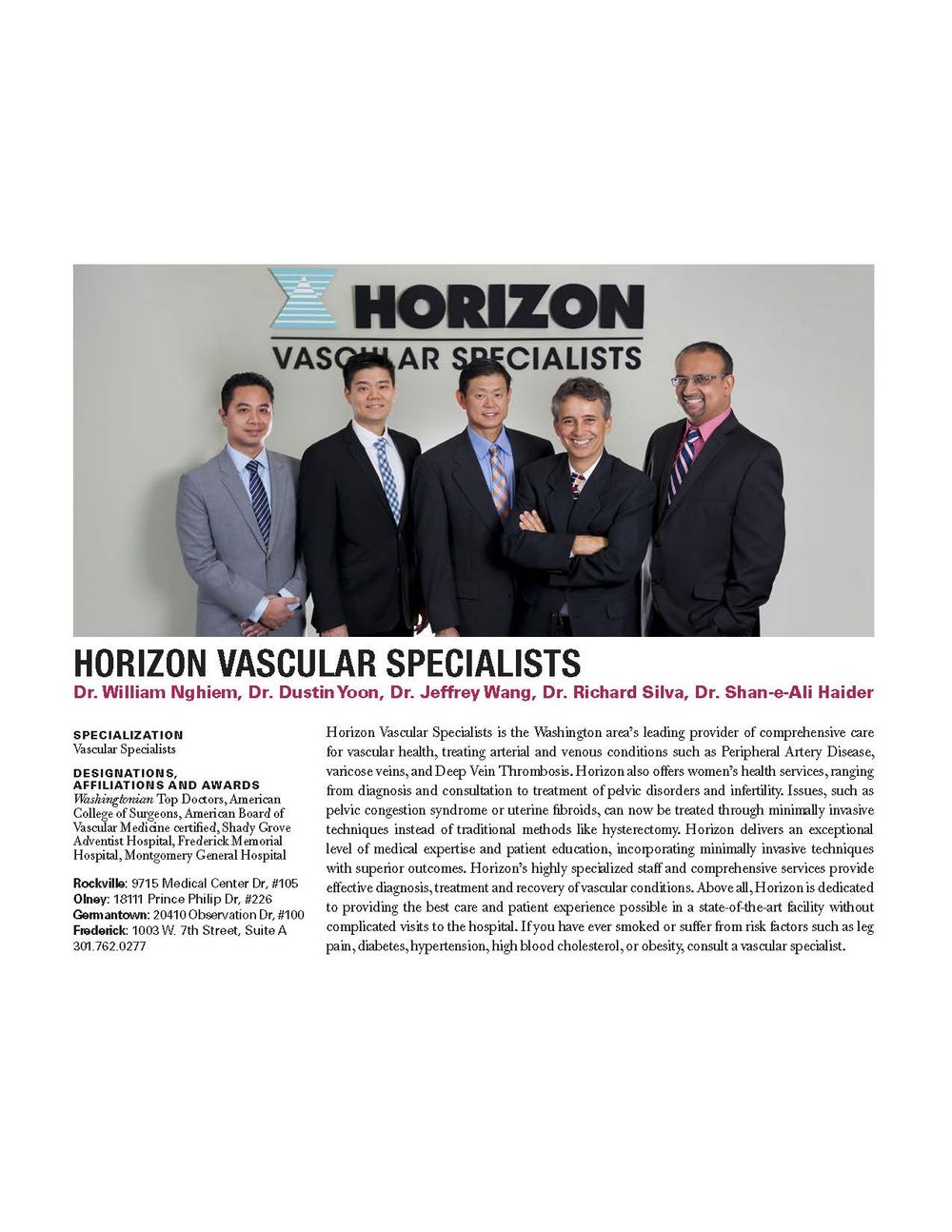 Professional group photo of vascular specialists in business attire in front of company signage.