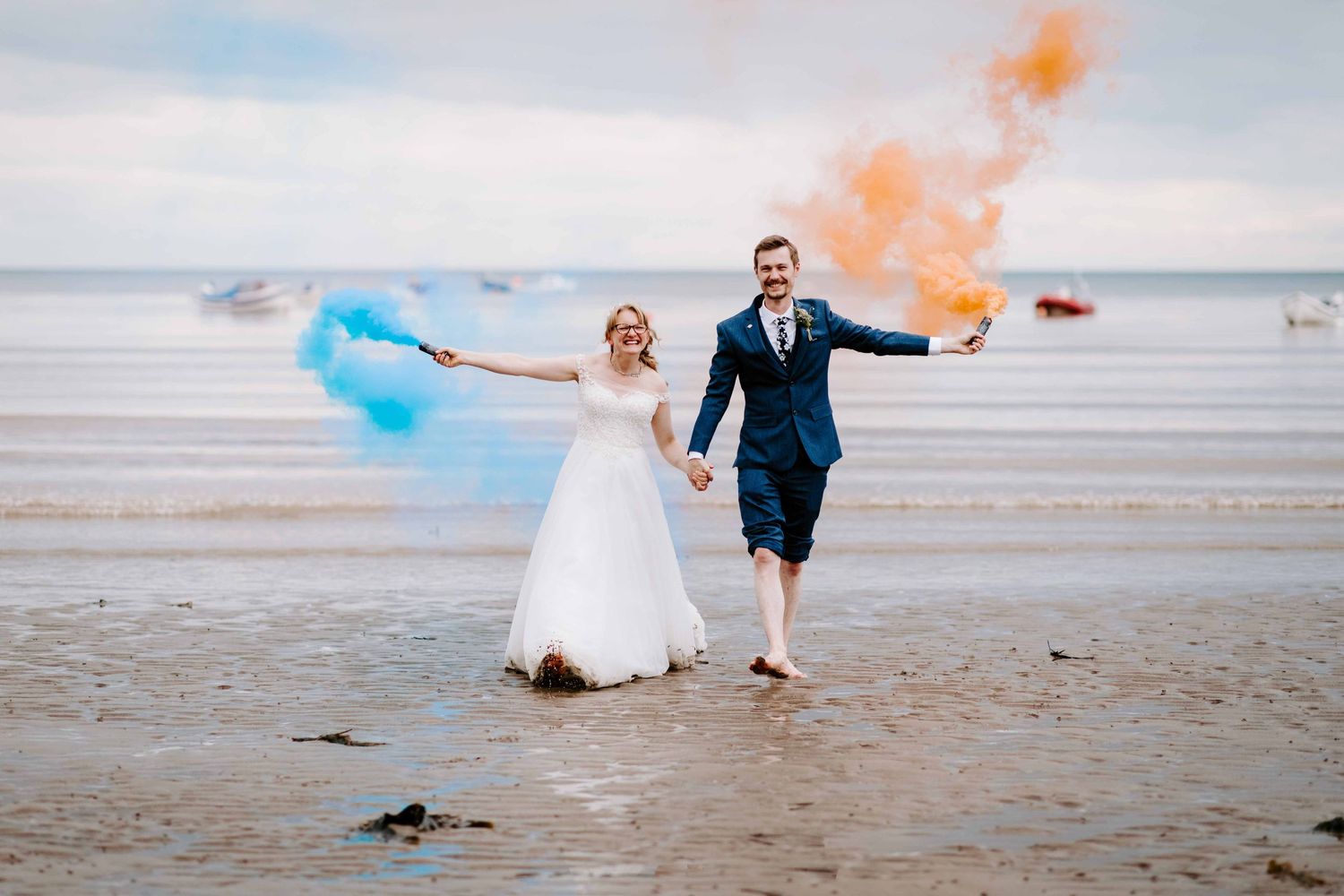 Beach wedding at whitby, with coloured smoke