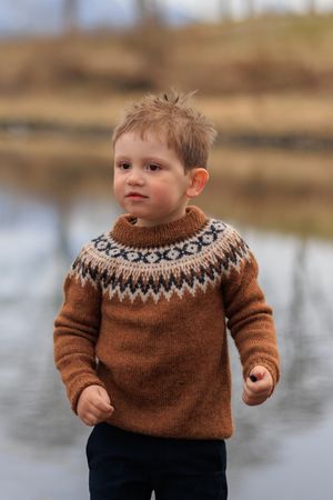 A small child wearing a brown and white patterned Fair Isle sweater near a pond.