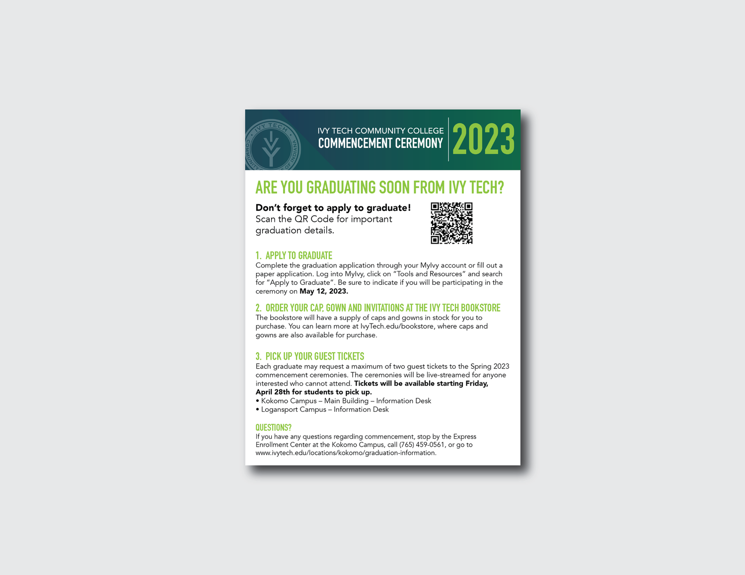 White information card with green text displaying 2023 event details and QR code.