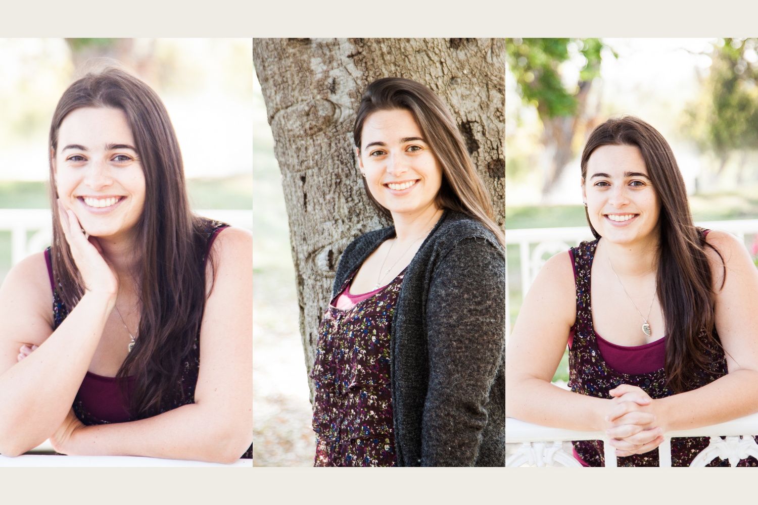 Three casual portrait poses of woman in dark floral top against tree backgrounds.