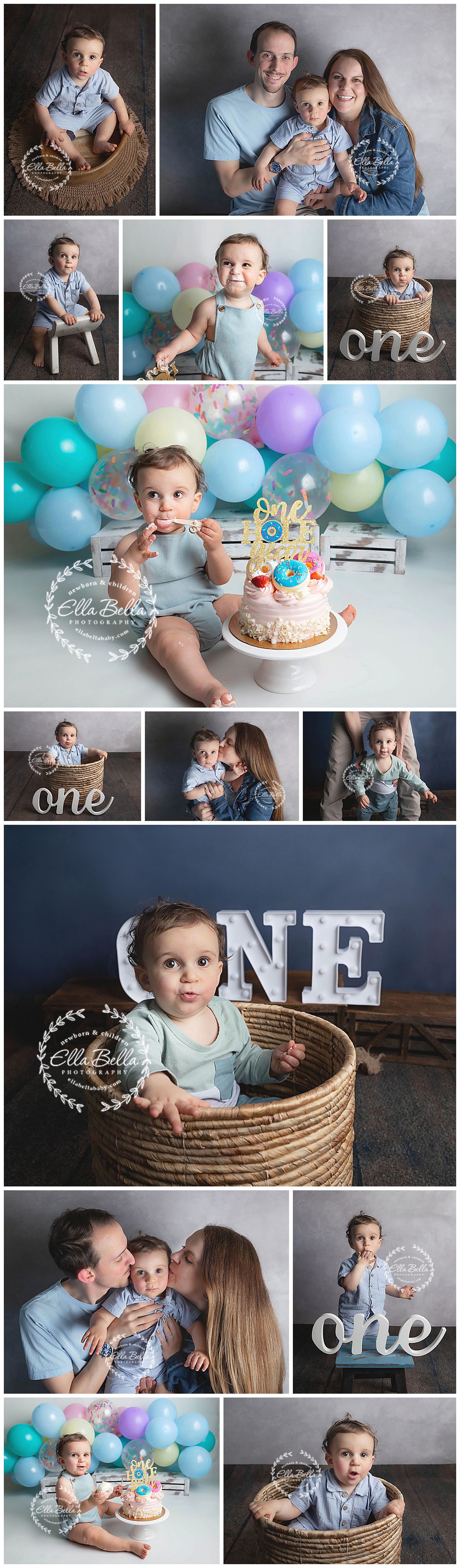 First birthday photo collage with cake smash and family portraits in blue and pastel colors.