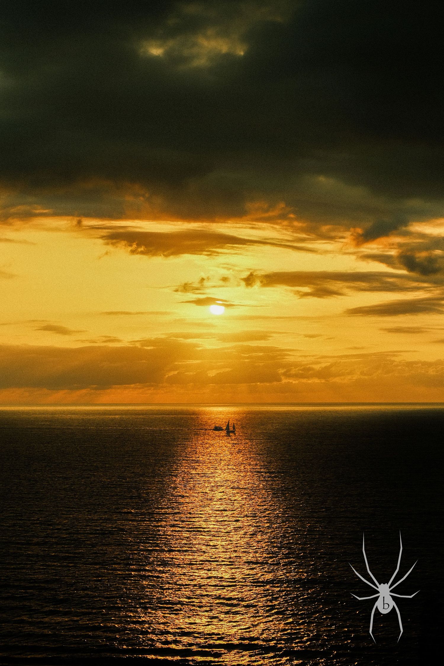 Dramatic golden sunset over ocean with dark clouds and orange sky reflection.