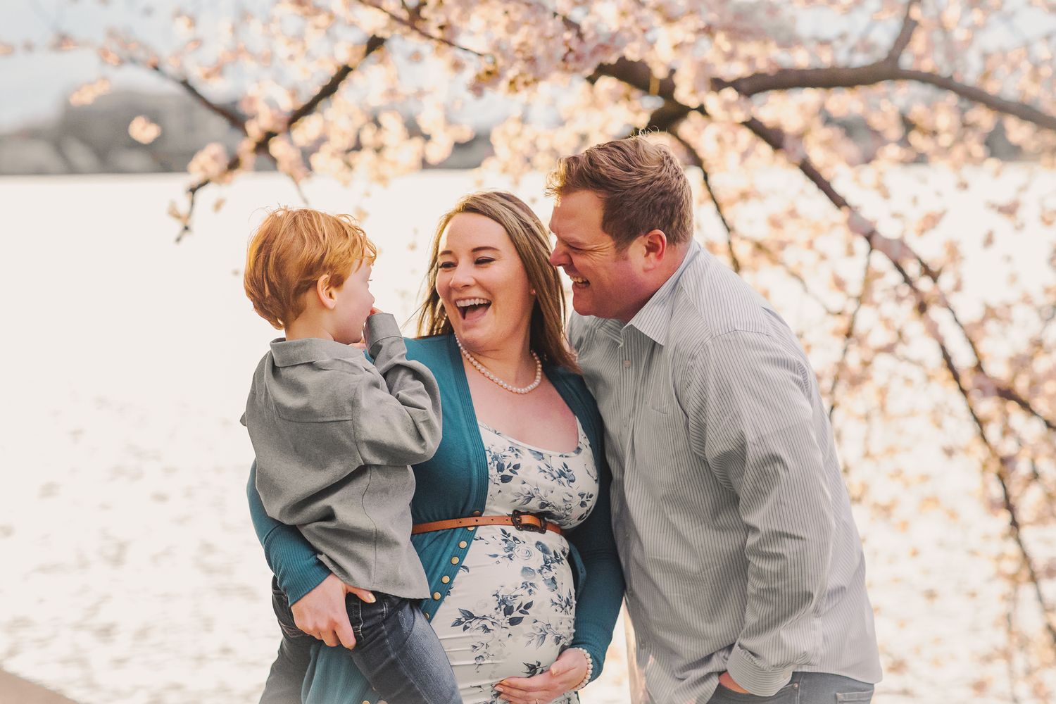 Cherry blossom family portrait in the early morning light at Tidal Basin