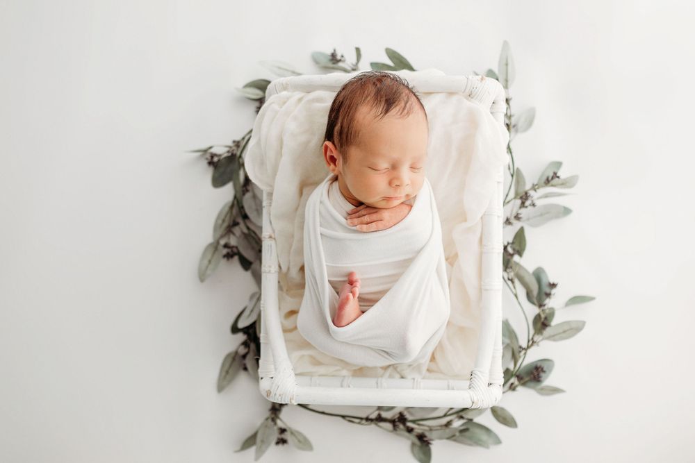 Overhead view of sleeping newborn on white blanket with eucalyptus leaves.