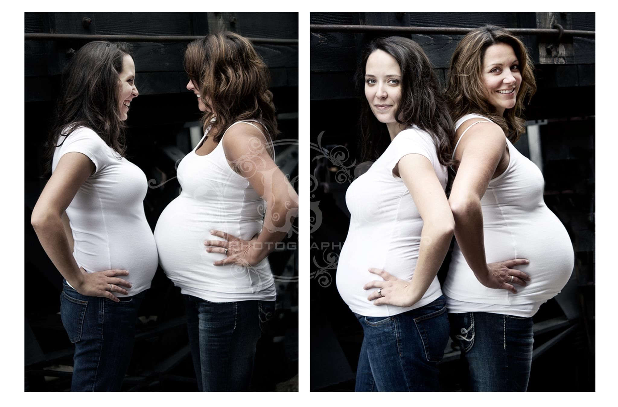 Side-by-side comparison photos of two pregnant women in white tops.