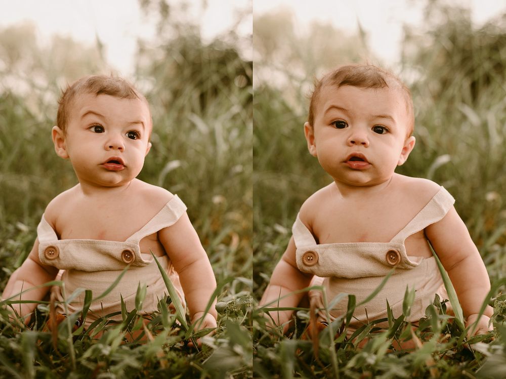Side-by-side portraits of baby in tan overalls sitting in sunlit grass.