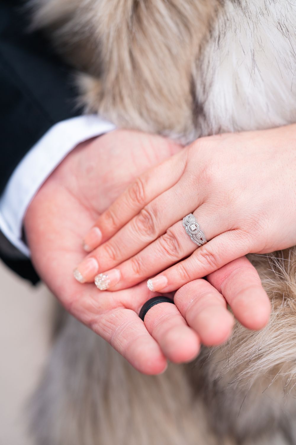 Close-up of hands showing engagement ring with diamond solitaire against fur background.