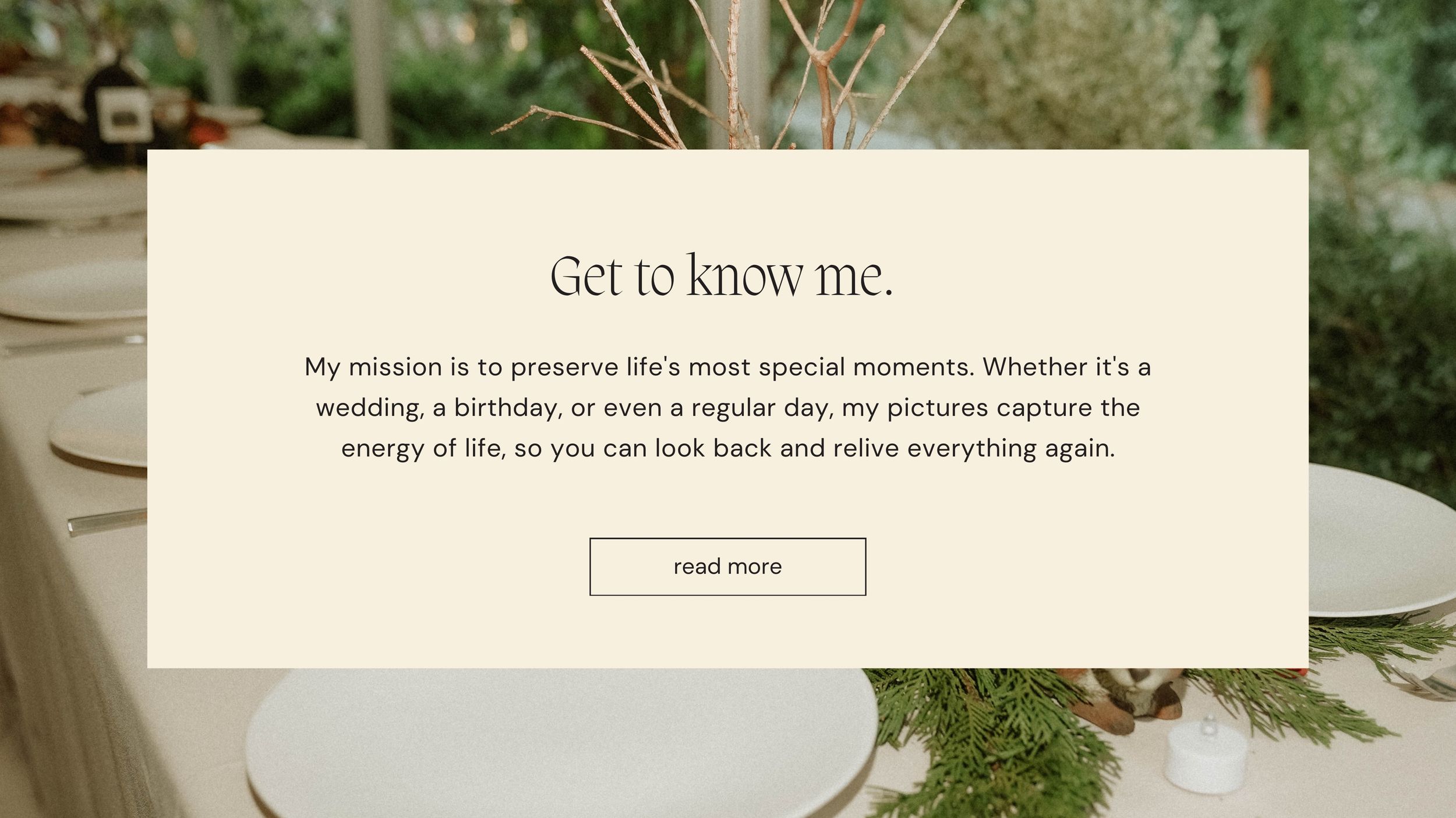 A minimalist website header design with text 'Get to know me' and floral decorative elements.
