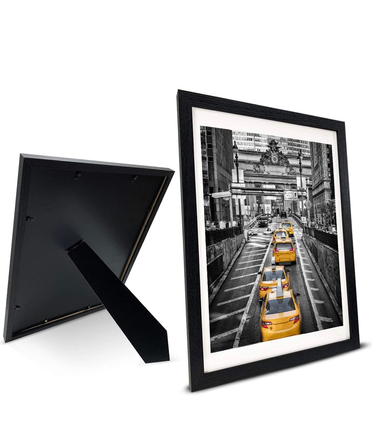 Black solid wood picture frame displaying a black and white New York City taxi street photo, shown front and back.