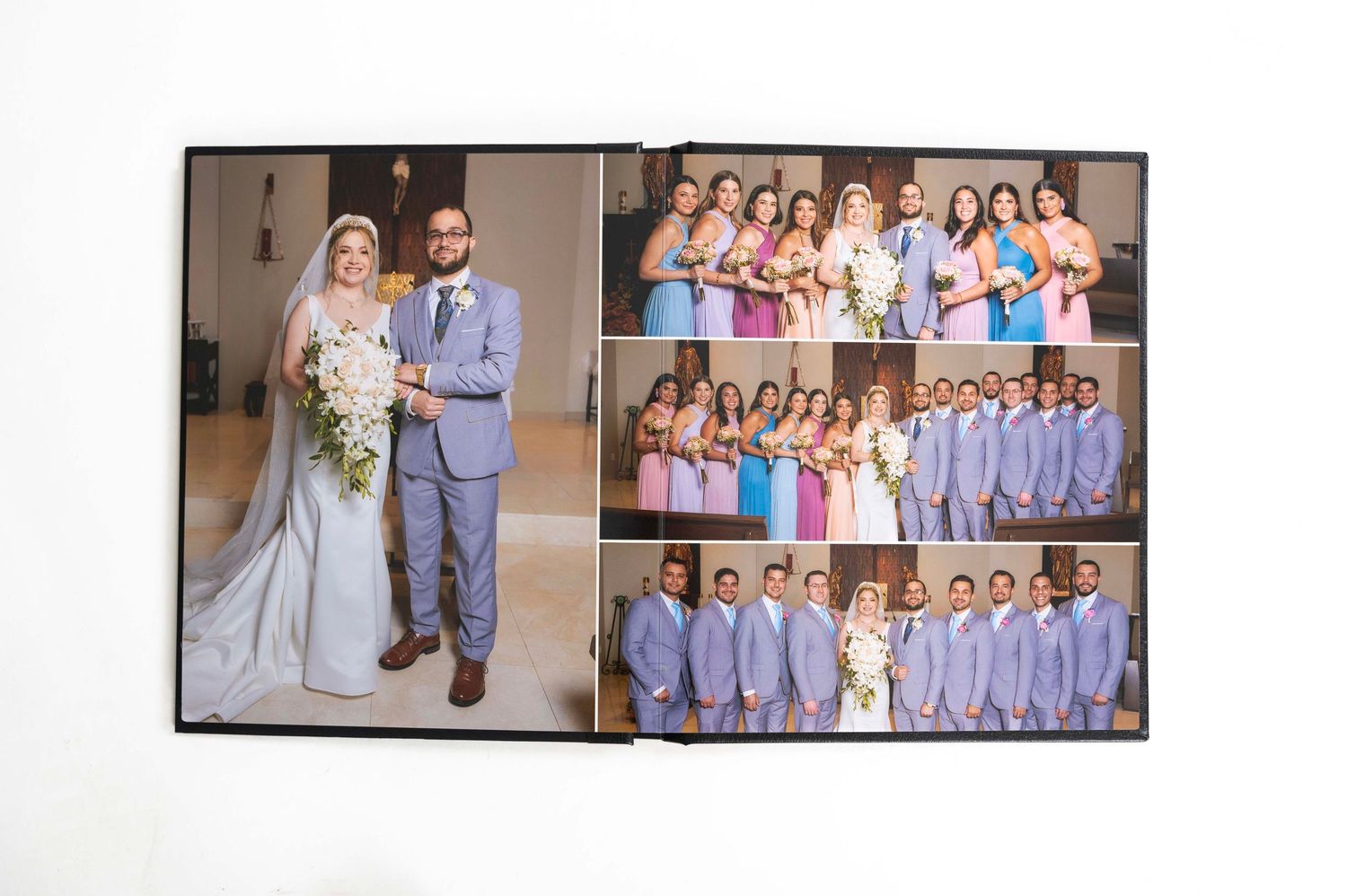 Wedding album page showing bridal party in purple and gray attire.