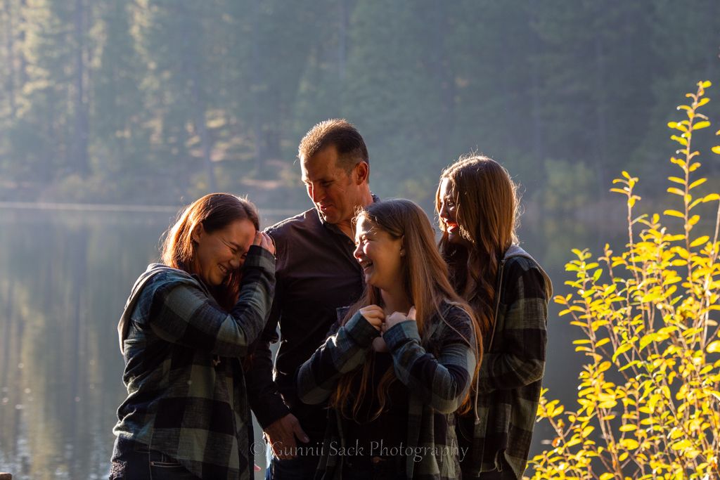 dad and daughters, white pines lake, arnold ca, fall colors, laughing, candid shots