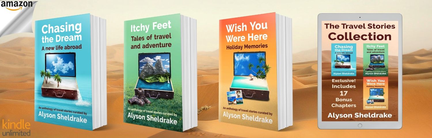 Amazon banner displaying four travel books by Alyson Sheldrake including Chasing the Dream and Itchy Feet series.