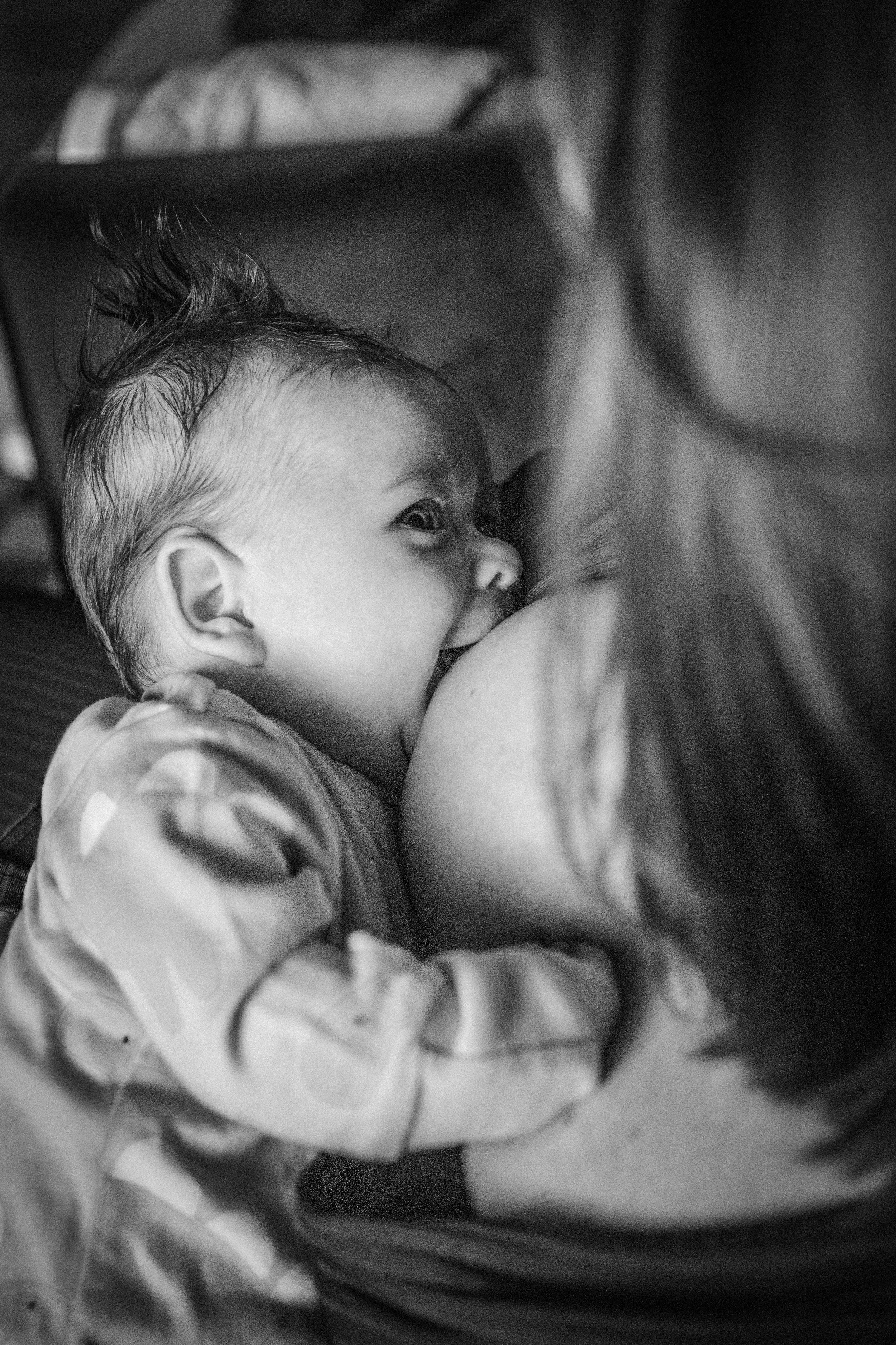 A tender black and white image of a baby breastfeeding, captured in an intimate close-up perspective.