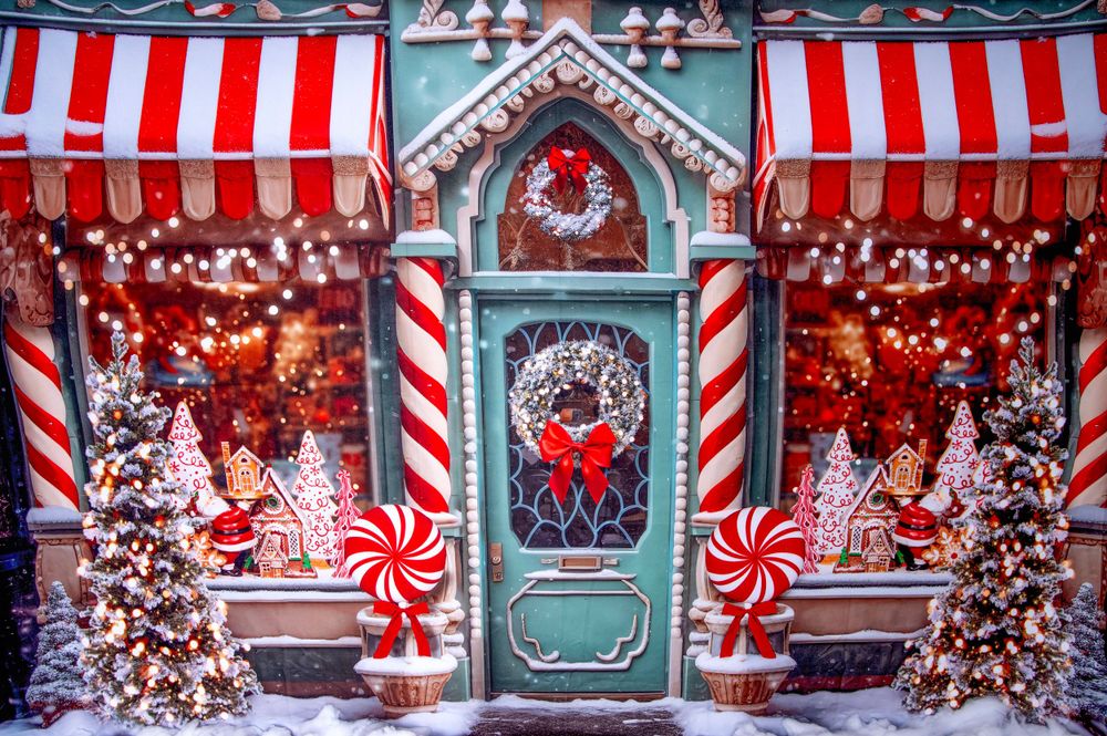 Festive Christmas storefront with candy cane decorations, red and white awnings, and a decorated door.