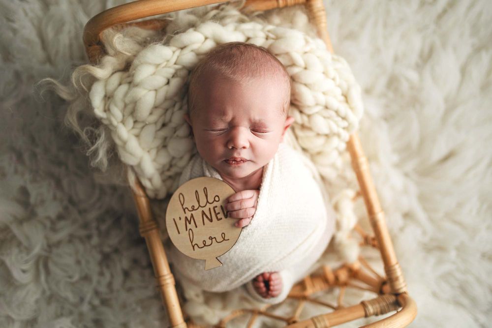 baby in basket holding sign