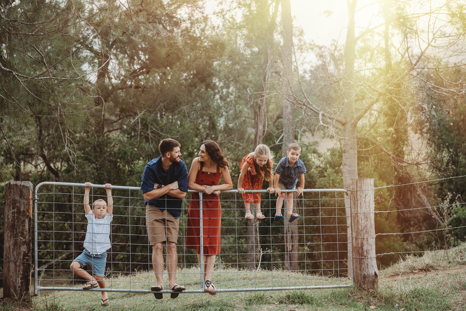Family members walking along a rustic fence line in a sunlit forest setting.