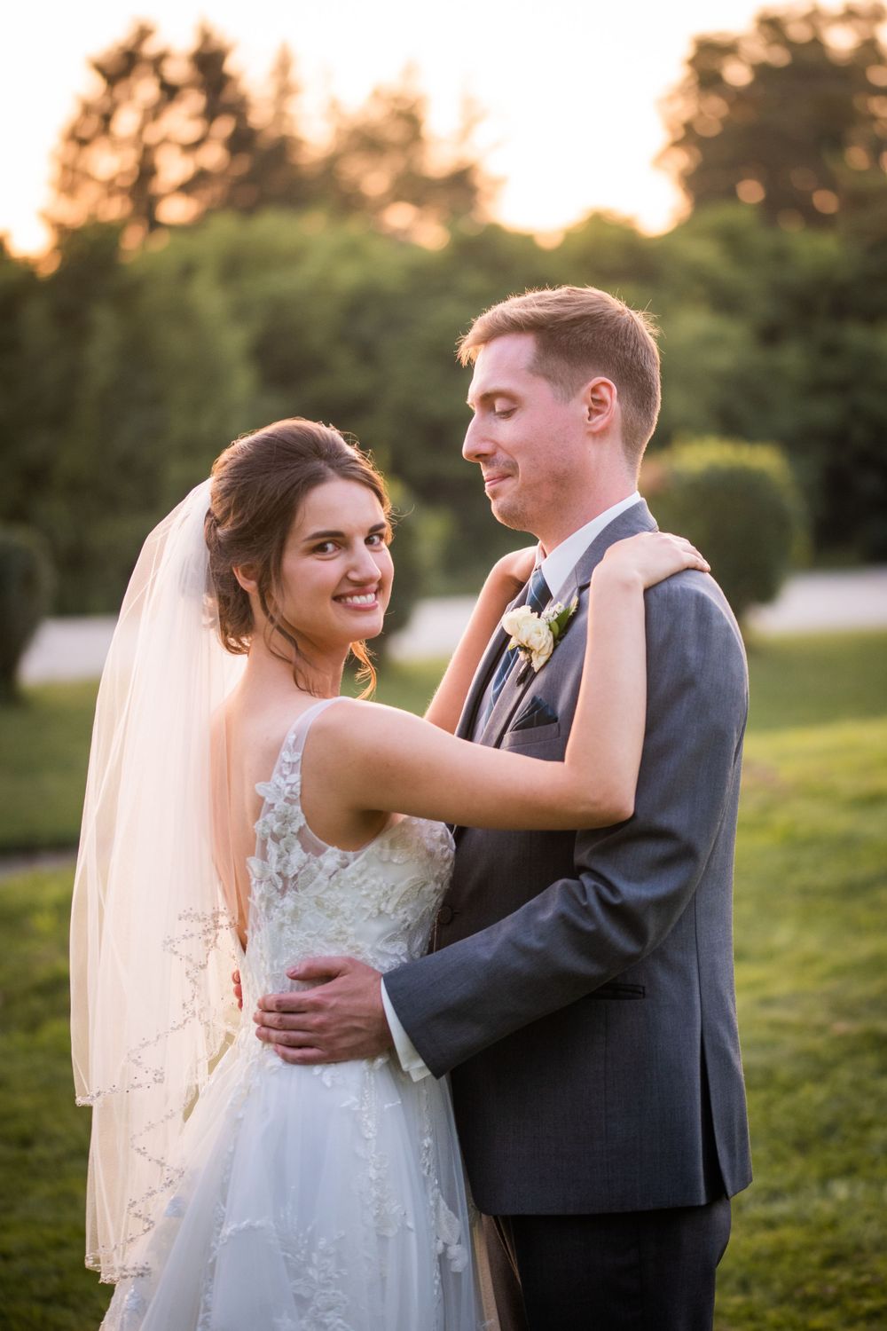 Bride and groom at golden hour at Stratford Country Club wedding