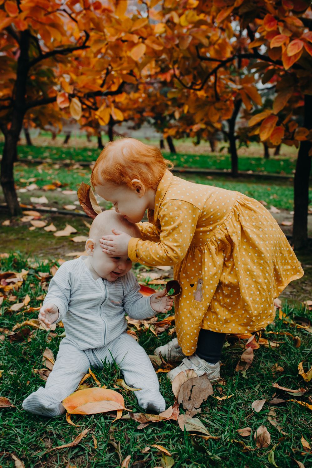 Two small children play together under vibrant orange fall leaves in a garden setting.