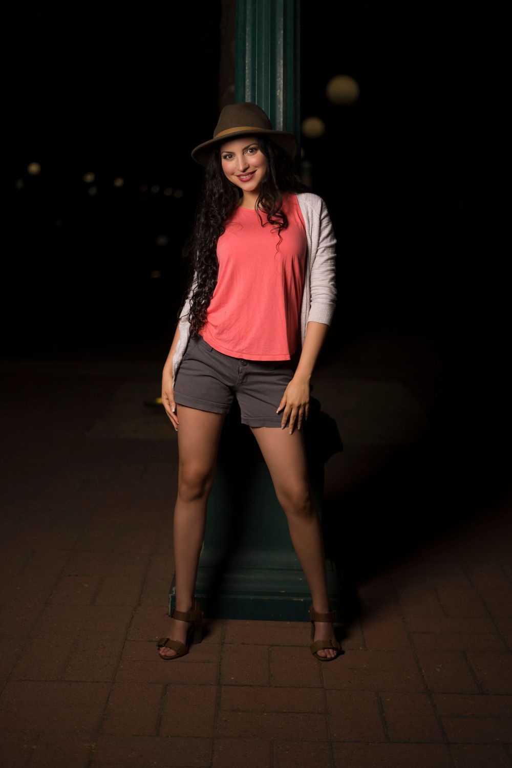 Latin woman model in a nighttime photoshoot