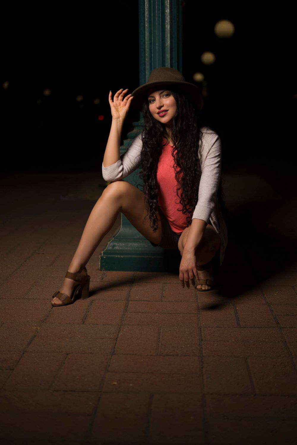 Latin woman model in a nighttime photoshoot