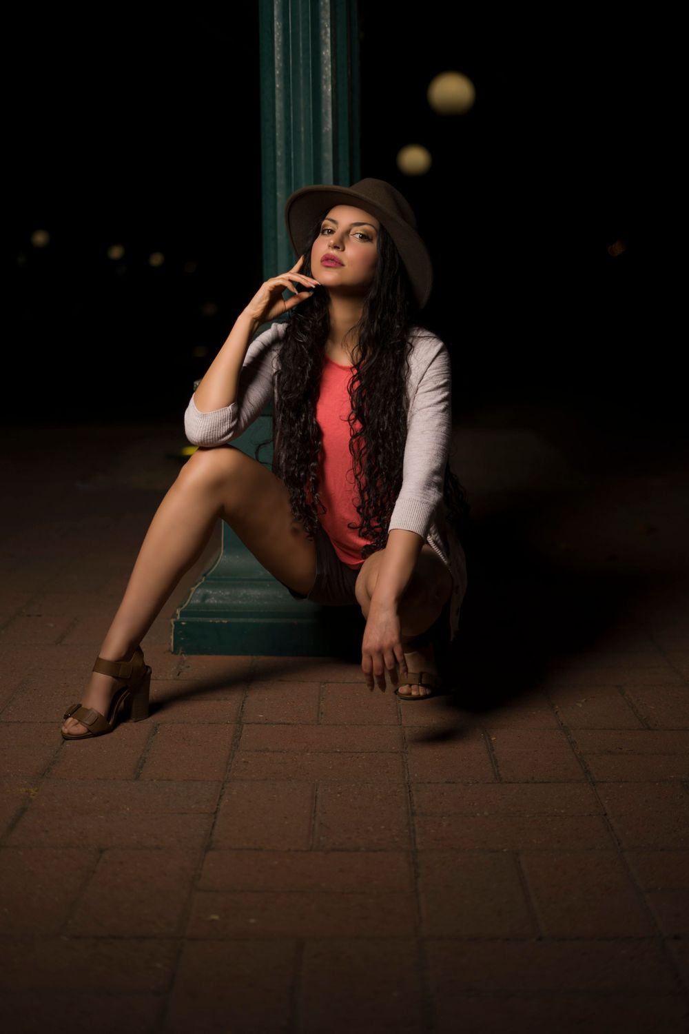 Latin woman model in a nighttime photoshoot