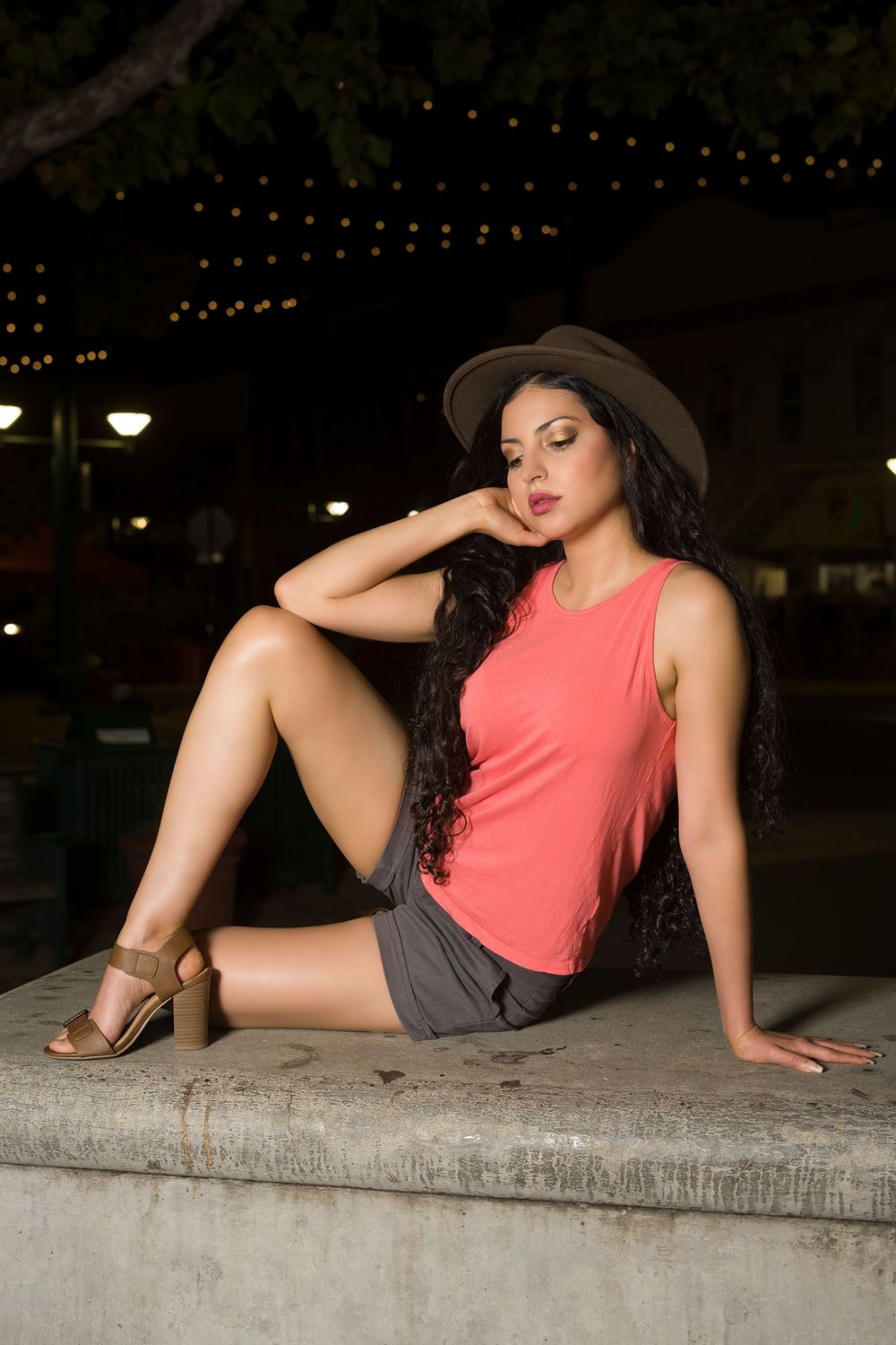 Latin woman model in a nighttime photoshoot