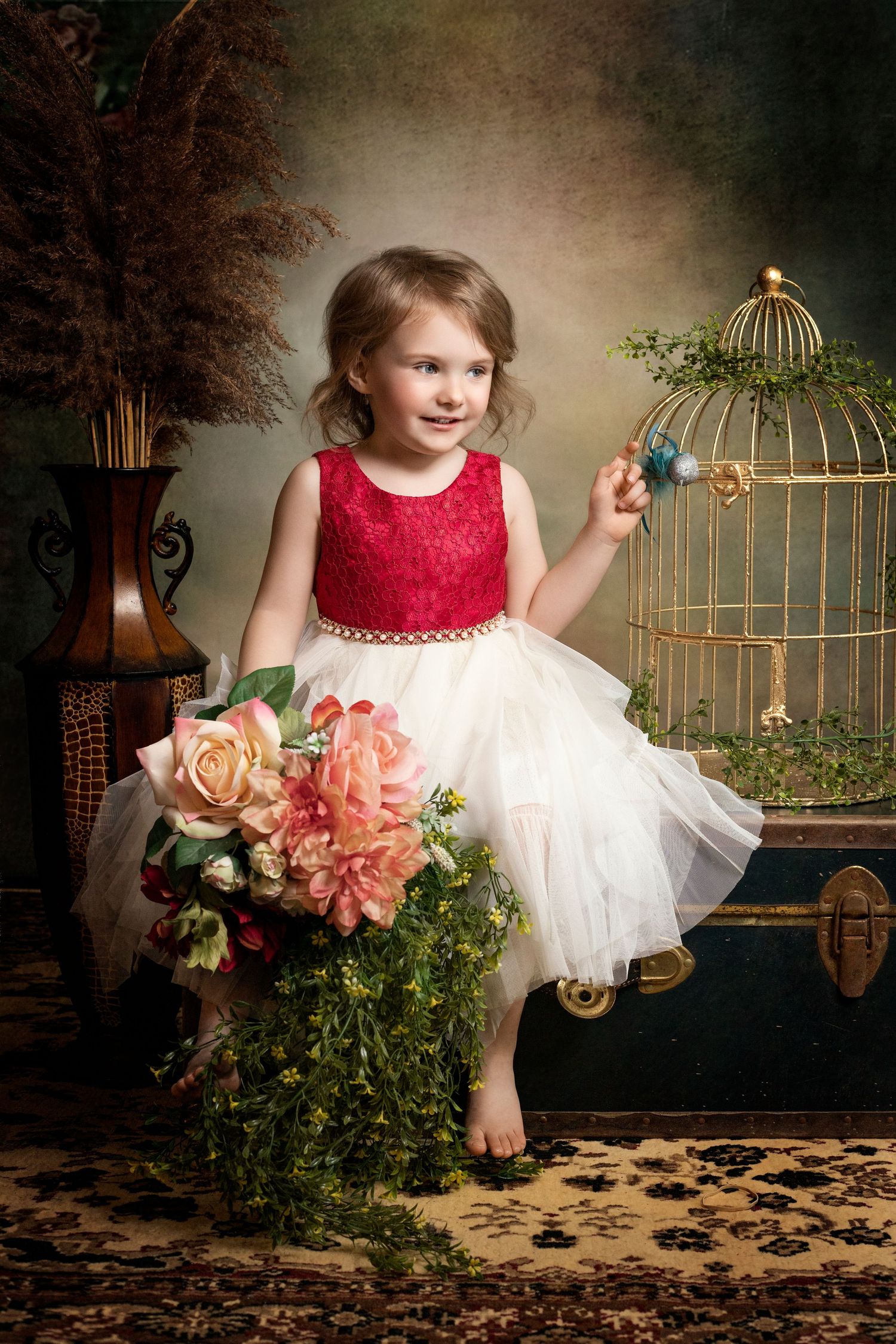 A child in a red and white party dress poses with flowers and a decorative birdcage in a studio setting.